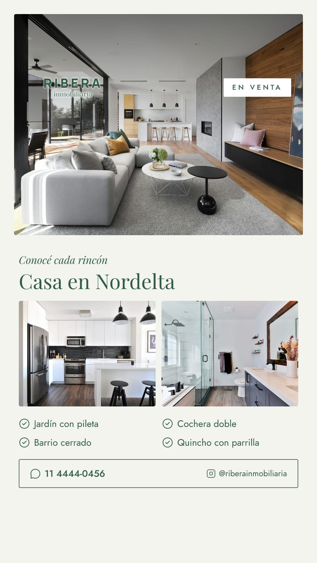 Historia en diseño elegante de una casa en Nordelta, con fondo claro, fotos con margen y lo destacado de la propiedad